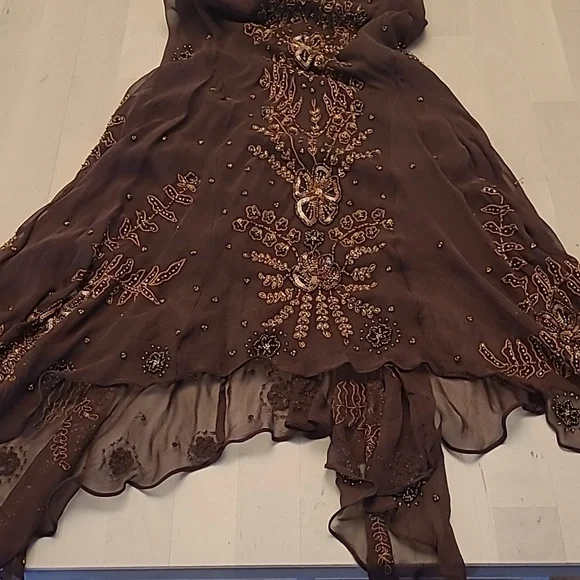 EUC VTG Marina 100% Silk Beaded and Sequined Chocolate Bown Lined Dress - Picture 8 of 17